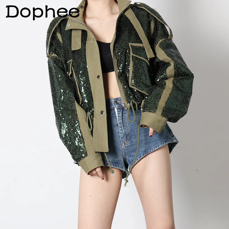 

2022 Spring Autumn Fashion Clothes Pocket Stitching Embroidery Sequins Jacket Coats Women Drawstring Hem Long Sleeve Tops Femme