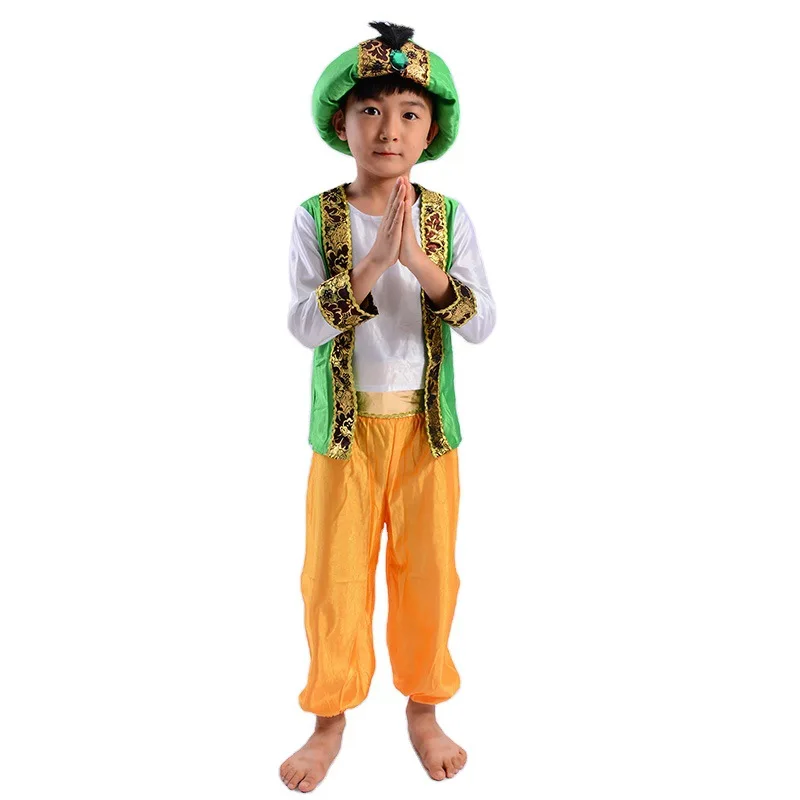 

Kids Green Indian Arab Aladdin Prince Cosplay Costumes with Hat Boy Performance Party Christmas Halloween Childrens Costume