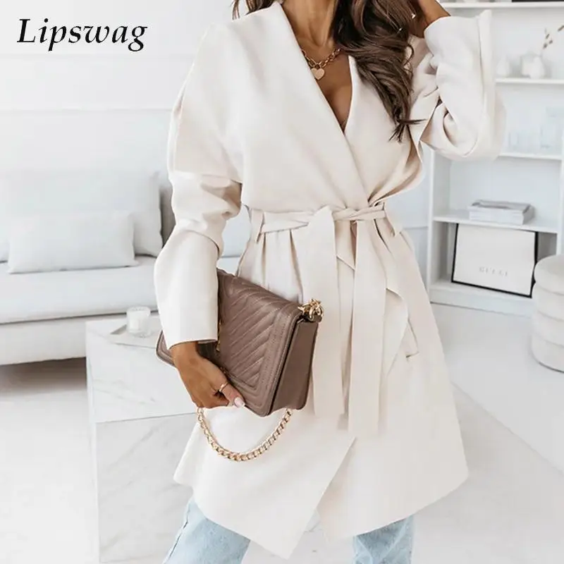 

Fashion Simple Bandage Belt Coat Women Solid Casual Long Sleeve Trench Outwear Commuter Elegant Wrap V Neck Lace-Up Tops Jackets