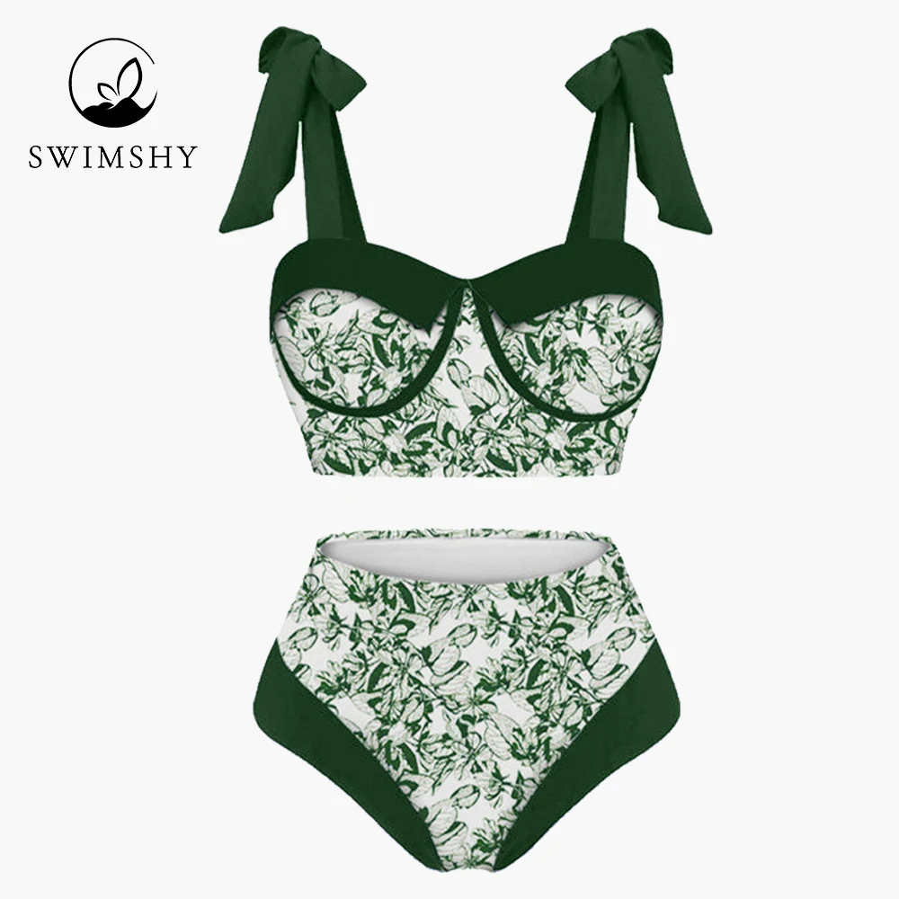 2022 Bikinis Chic Print Bathing Suit Fashion Lace Up High Waist Swimsuit Women Beachwear Split-joint Swimwear Backless Surf Wear