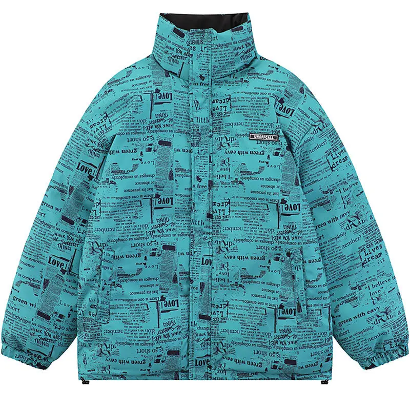 

Winter Jacket Reversible Parkas Streetwear Hip Hop Vintage Newsapaper Letter Print Thicken Warm Padded Bubble Coat Streetwear