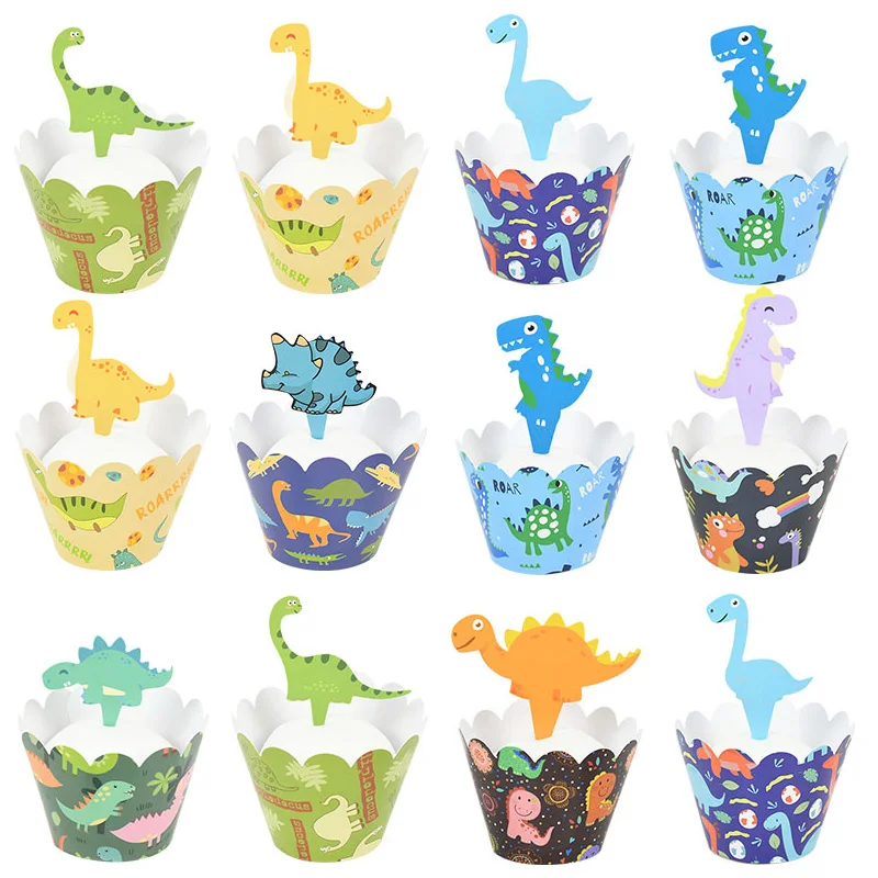 

24pcs Dinosaur Cupcake Wrappers Toppers Jungle Safari Dino Theme Party Kids Birthday Animal Cake Decoration Baby Shower Supplies
