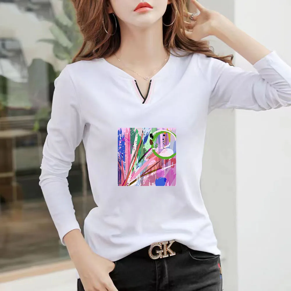 

2022 New V Neck 100% Cotton T Shirt Woman Autumn Fashion Long Sleeve Shirt Women's T-shirt Loose Korean Style Women Shirts #1053