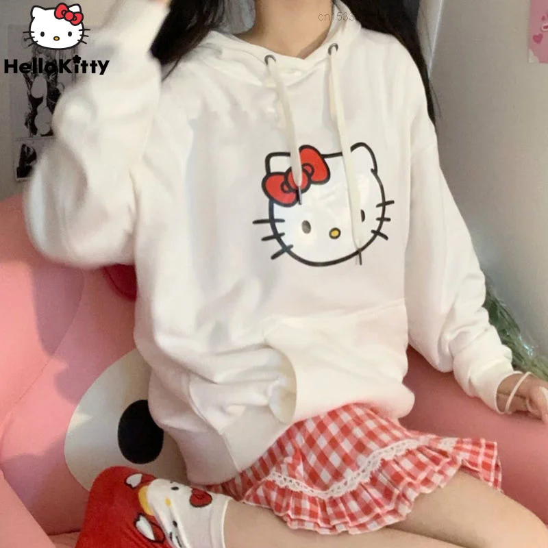 

Hooded Sweatshirt Women's Fashion Spring And Autumn New Top Korean Loose Sweet Hello Kitty Pullover Sanrio Women Clothes Y2k Top