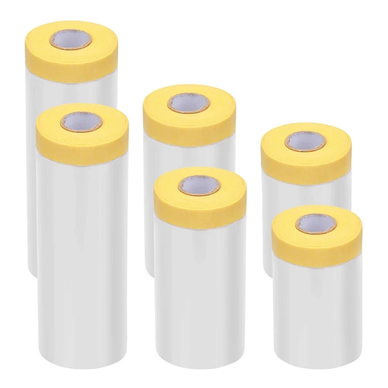 

6 Rolls Clear Plastic Sheeting 65.5 Ft Pre-Taped Masking Film Drop Cloths For Painting Automotive Painting Covering