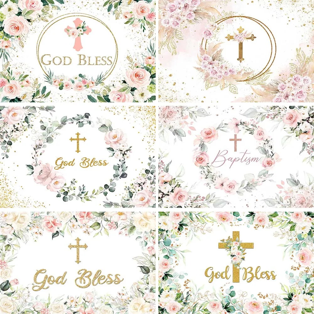 

Mocsicka God Bless Baptism Backdrop Baby Christening Cross Flowers Circle Photography Background Girl First Communion Backdrops