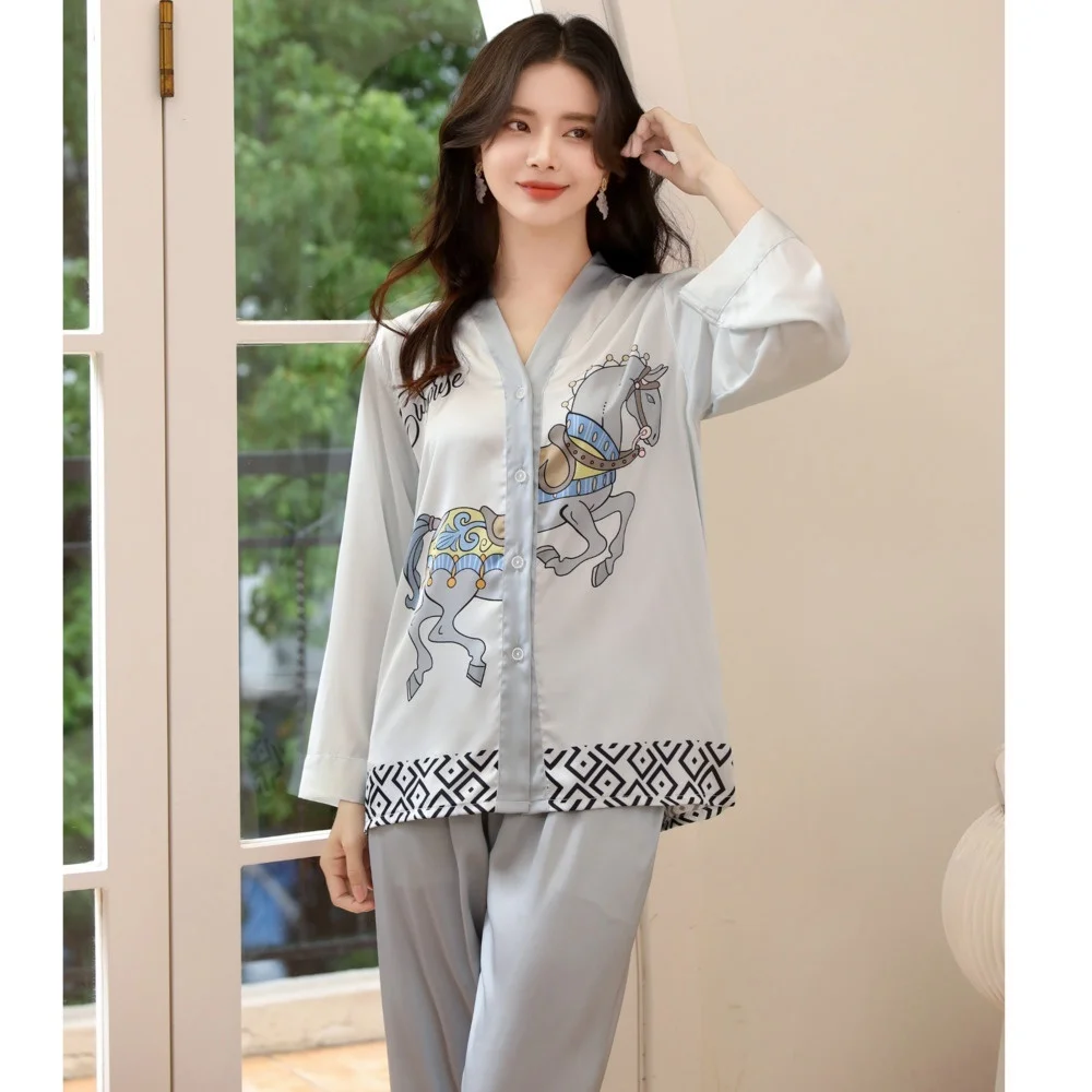 Lisacmvpnel Spring New Ice Silk Women Pajama Set Print Fashon Long Sleeve Suit Pyjamas Cardigan High Quality Suit Sleepwear