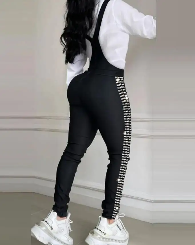 Jumpsuit for Women 2023 Rhinestone Decor Buckled Suspender Sleeveless Casual Daily Skinny Jumpsuit Without Belt, Shirt