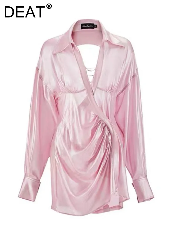 

DEAT Fashion Women's Shirt Dress Lapel loose Folds Waist Hollow Out Backless Long Sleeve thin Dresses spring 2023 New 17A4004