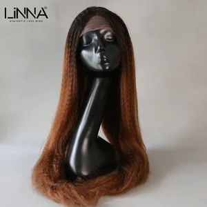 LINNA Black Brown Synthetic Lace Wigs For Women Kinky Straight High Temperature Fiber Yaki Wigs Cosplay Wig