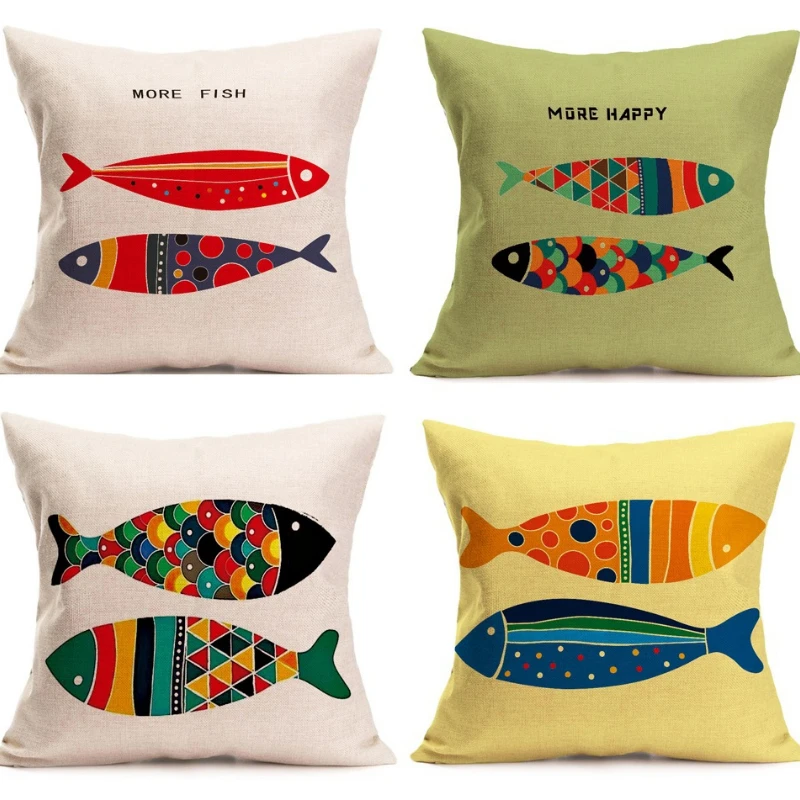 

Funny Art Fish Pillows Case Indian Colorful Fish Cotton Linen Pillowcase 40x40 Cm Sofa Bed Pillow Covers Decorative Pillow 45x45