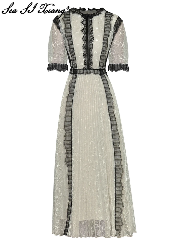 

Seasixiang Fashion Designer Summer Lace Dress Women O-Neck Short Sleeve Ruffles Hit the Color Vintage Party Pleated Long Dresses