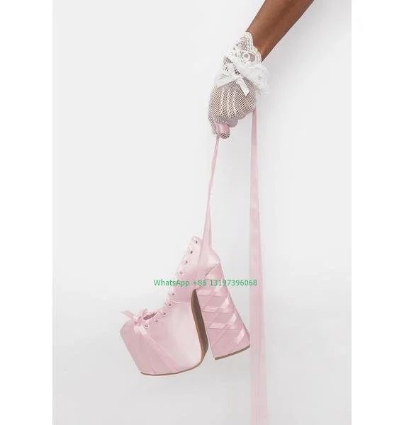 Женские Розовые атласные туфли на шнуровке Туфли Мэри Джейн платформе и высоком