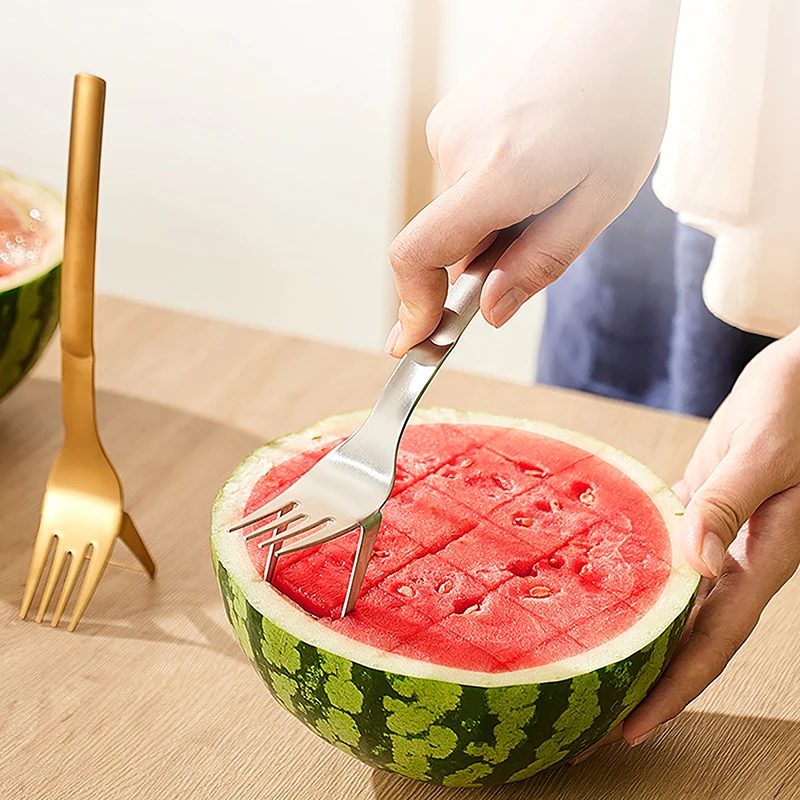 

2 In 1 Watermelon Fork Slicer Watermelon Slicer Cutter Knife Stainless Steel Kitchen Fruit Cutting Fork Kitchen Gadget