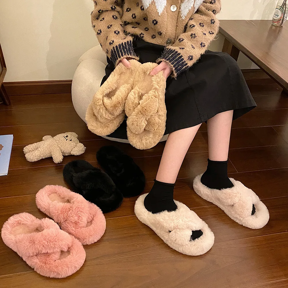 

2022 Autumn Winter Short Plush Women Platform Slippers Fashion Female Soft Casual Shoes Indoor Outdoors Womens Fluffy Slipper