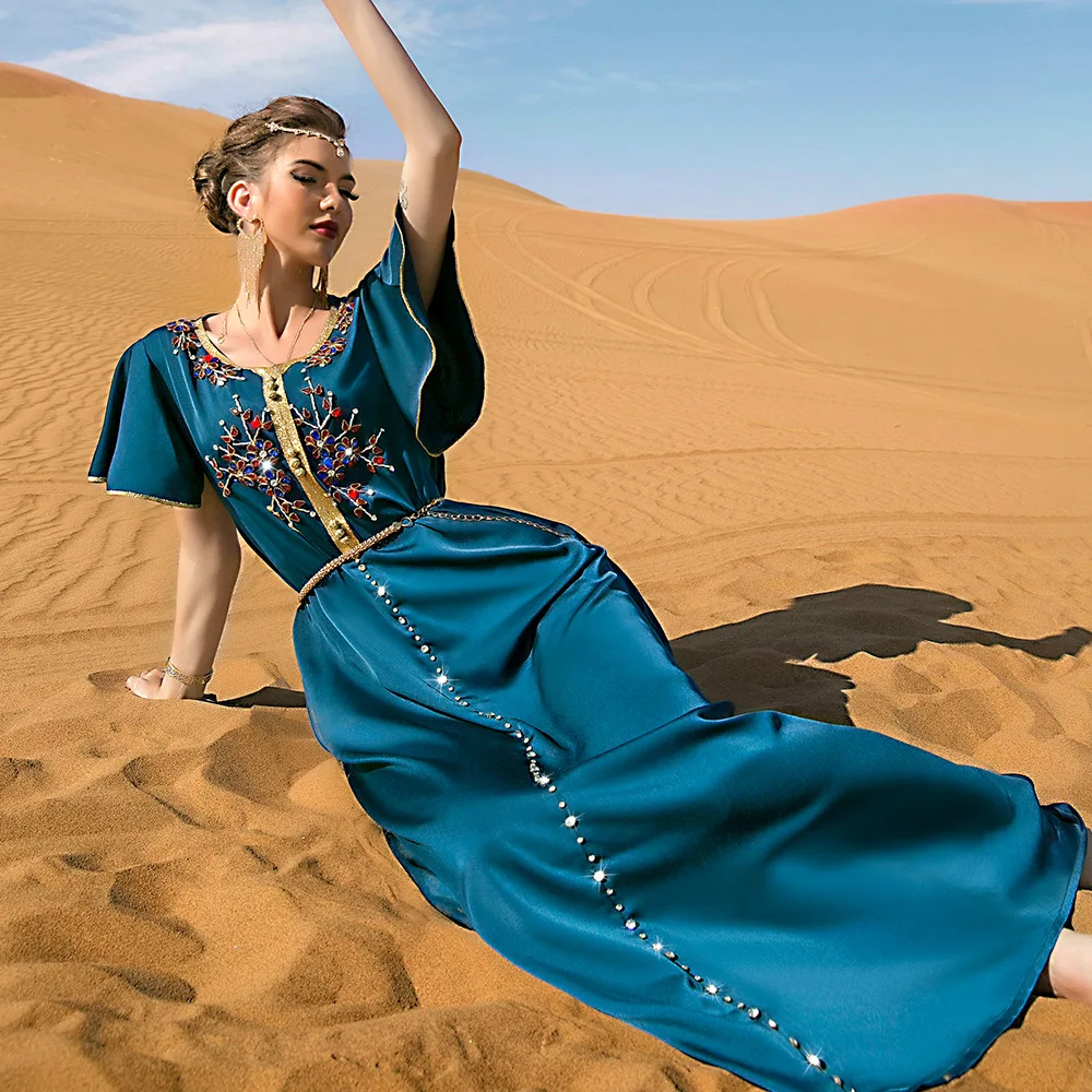 2023 Muslim Women's Hand-Sewn Short Sleeve Dress Dubai Travel Party Long Skirt Abaya Robes Ramadan Dress Long Dresses Abayat