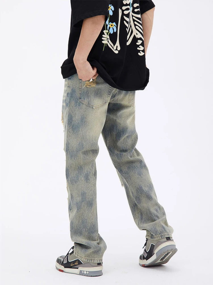 American Men's Trousers Ripped Loose Solid Color Jeans Streetwear Design Clothing Hip Hop Ladies Korean Slim Casual Jeans Denim