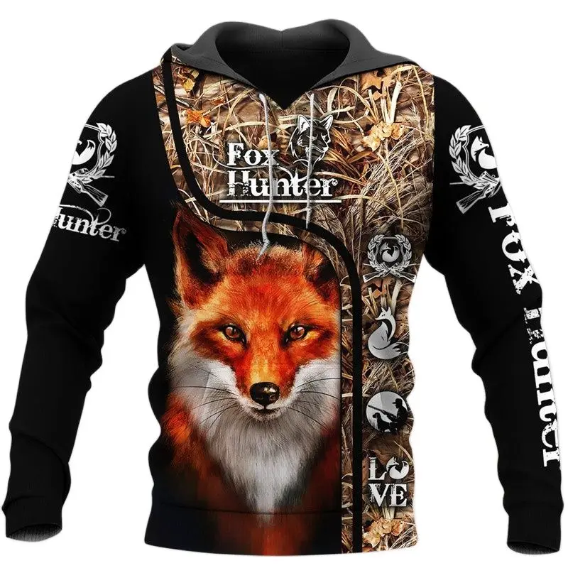 Fashion Fox Hunter Pattern 3D Full Print Pullover Casual Street Hip Hop Harajuku Zip Hoodie Unisex Long Sleeve Men's Jacket