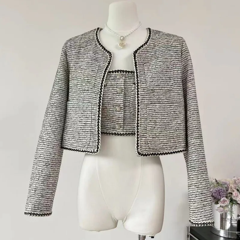 

High Quality conjuntos femininos elegantes Tweed two Piece Set Women Fall Winter Jacket Coat + bra 2 piece sets women outfit