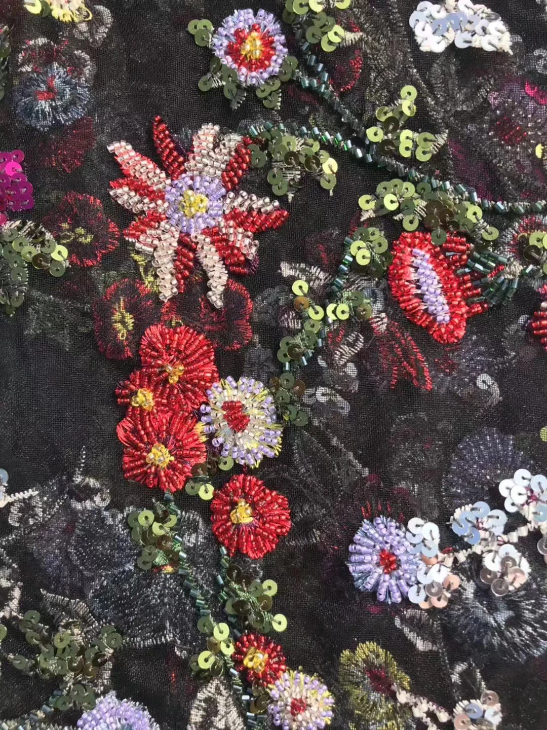 

The latest fashion African fabrics with multicoloured beaded flower sequins color lace fabric black tulle lace French dress