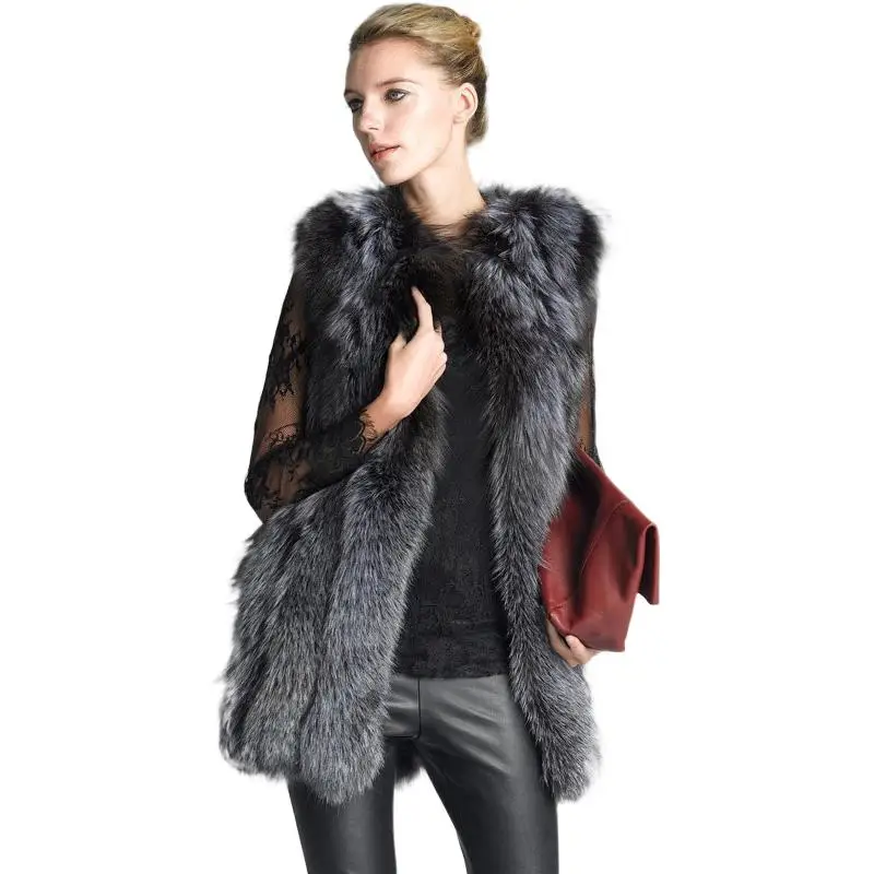 

Women Natural Silver Real Fur Vest Fluffy Fox Fur Slim Coats Lady 75CM Genuine Leather Fur Gielts Jacket With Invisible Pockets