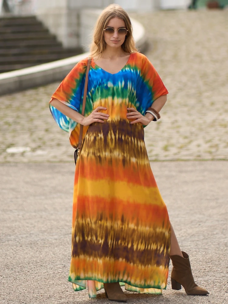 

Beach Cover Ups for Women Bohemian Dress Tunic 2022 New Tie Dye Printed Kaftans Rayon Beachwear Robe De Plage Femme