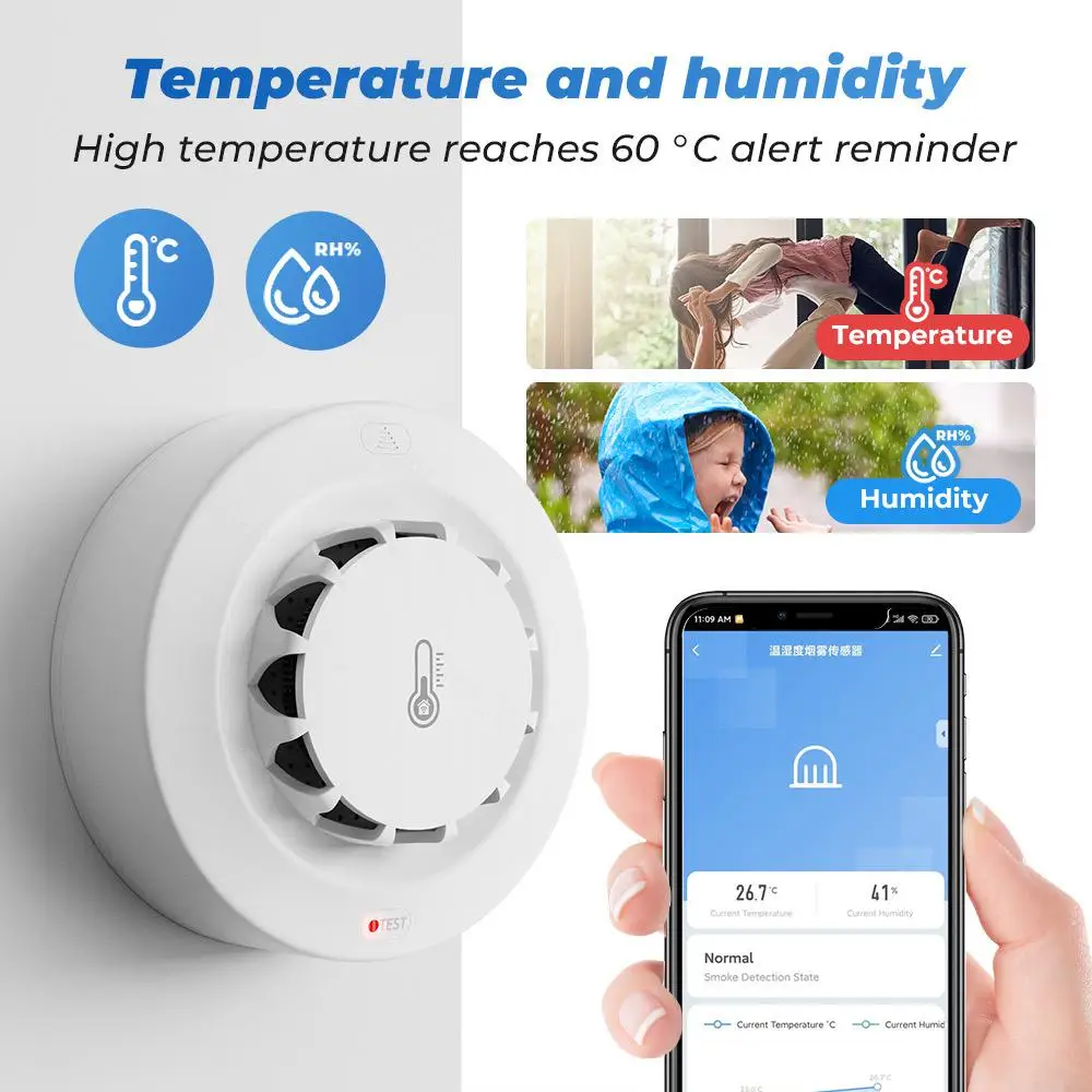 

2 In 1 Smart Smoke Alarm Tuya WiFi Fire Temperature And Humidity Detection Thermohygrometer Home Security System Firefighter