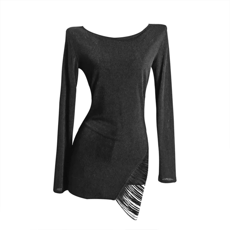 Latin Dance Dress Adults Women Hollow-Out Fringe Latin Dancewear Splicing Modern Dance Suit Black Salsa Dress Stage Costume