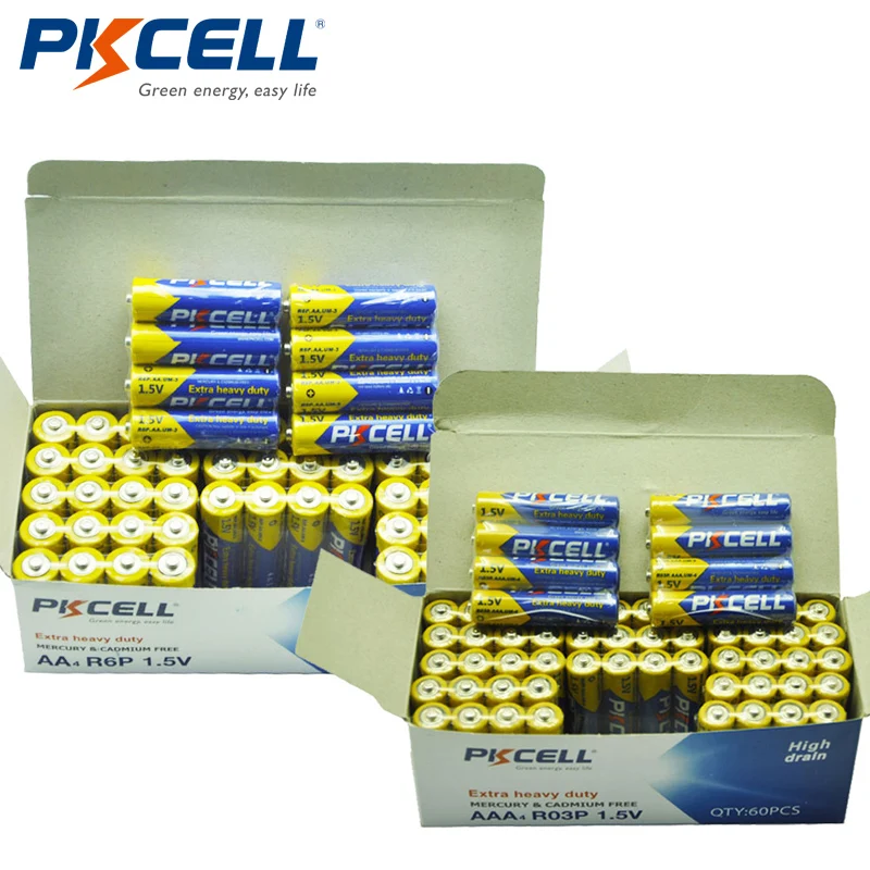 

120 шт. комбинированный комплект PKCELL 1,5 в сверхмощная батарея 60 шт. AA R6P + 60 шт. AAA R03P углеродно-цинковые одиночные сухие батареи