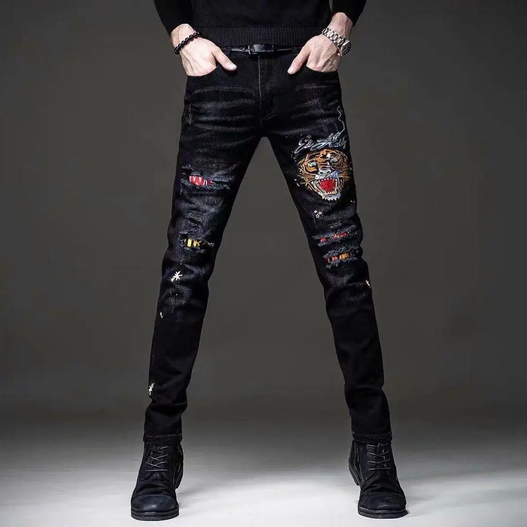 

High Quality Men's Tiger Embroidery Denim Pants Ripped Patched Casual Jeans Classic Slim-fit Style Black Stretch Trousers