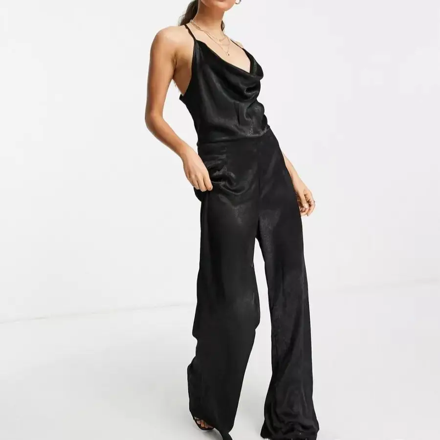 

JUNWU Spring And Autumn Za Women's Black Pile Neck Sling Waist Halter Design Wide Leg Trousers One-Piece Fashion Casual