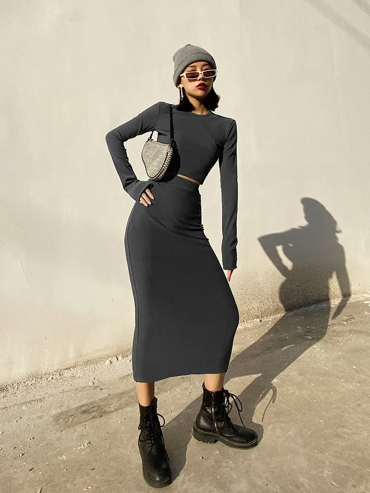 

Женский облегающий костюм с юбкой, французская утепленная матовая облегающая футболка с длинным рукавом, юбка с запахом на бедрах, женское ...