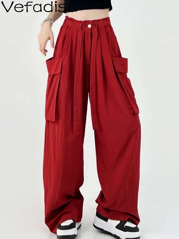 

Vefadisa2023 Personalized Women Side Pocket Loose Cargo Pants Summer New High Waist Straight Tube Girl Casual Cargo Pants ZY1489