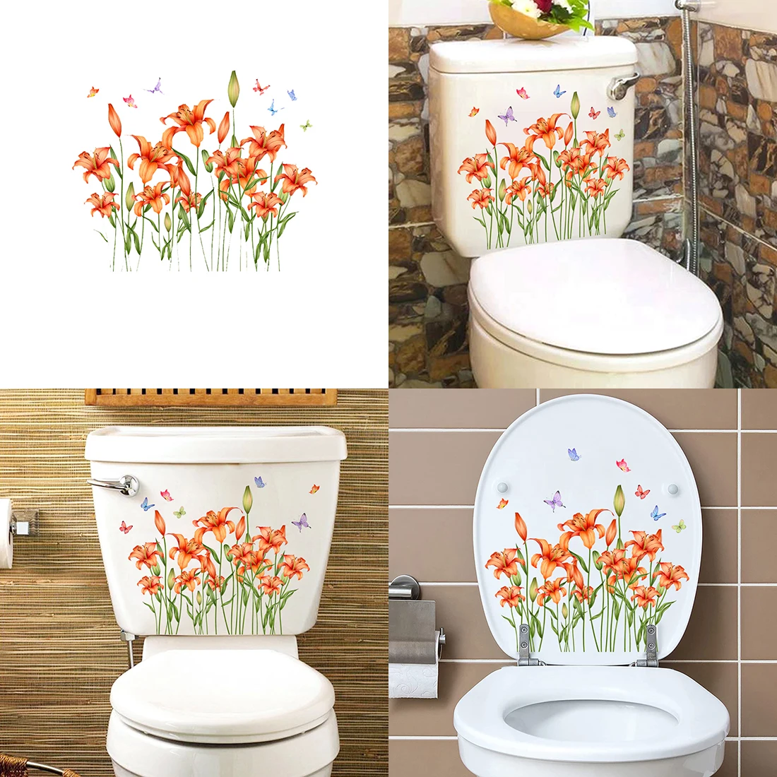 

Flowers Green Plant Leaves Butterfly Bathroom Toilet Seat Lid Cover Decals PVC Sticker Removable Self-Adhesive Wall Art Decor