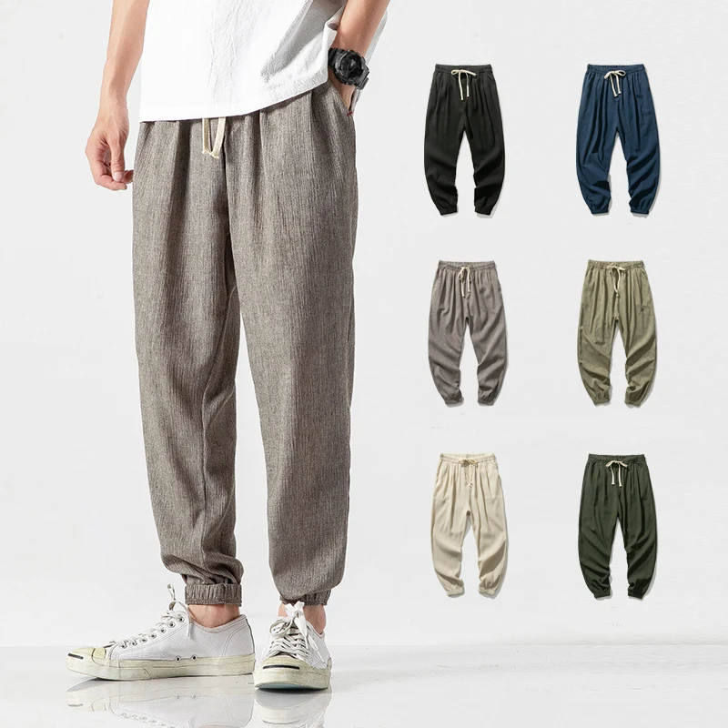 Men Harem Jogger Pants Men Cotton Linen Sweatpants Trousers Men Casual Lightweight Spring Summer Men Joggers