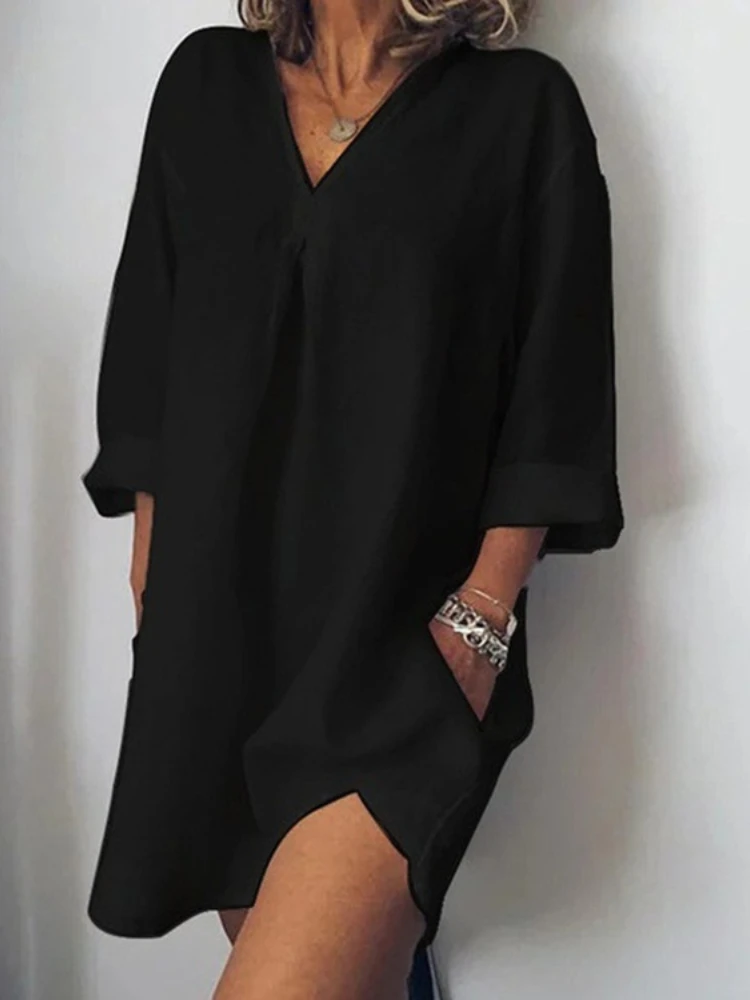 

New long shirt V-neck pocket seven-point sleeve patchwork dress
