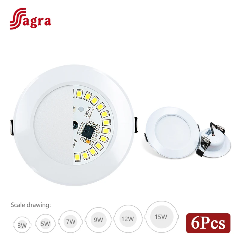 6pcs/lot LED Downlight 3W 5W 7W 9W 12W 15W Recessed Round LED Ceiling Lamp AC 220V 240V Indoor Lighting Warm White Cold White