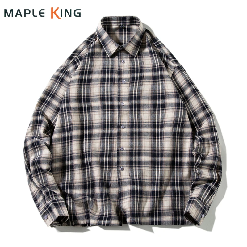 

Рубашка в клетку в стиле Харадзюку для мужчин, блузка из 100% хлопка с длинным рукавом, повседневная мужская Свободная уличная одежда в стиле хип-хоп, 3XL