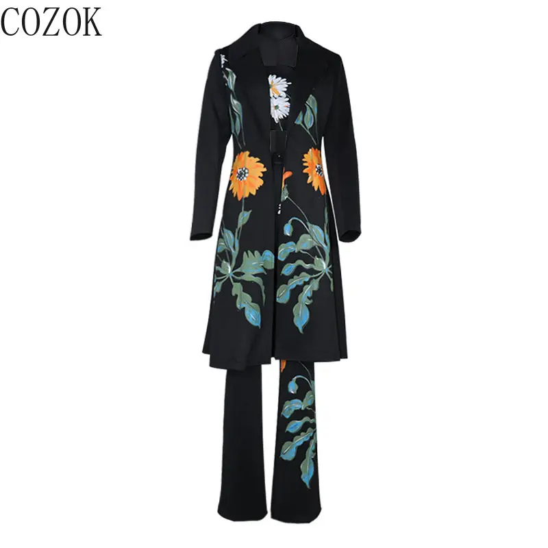 2022 European and American Women's Clothing Autumn and Winter Elegant Long Floral Print Trench Coat Pants Jacket Suit for Women