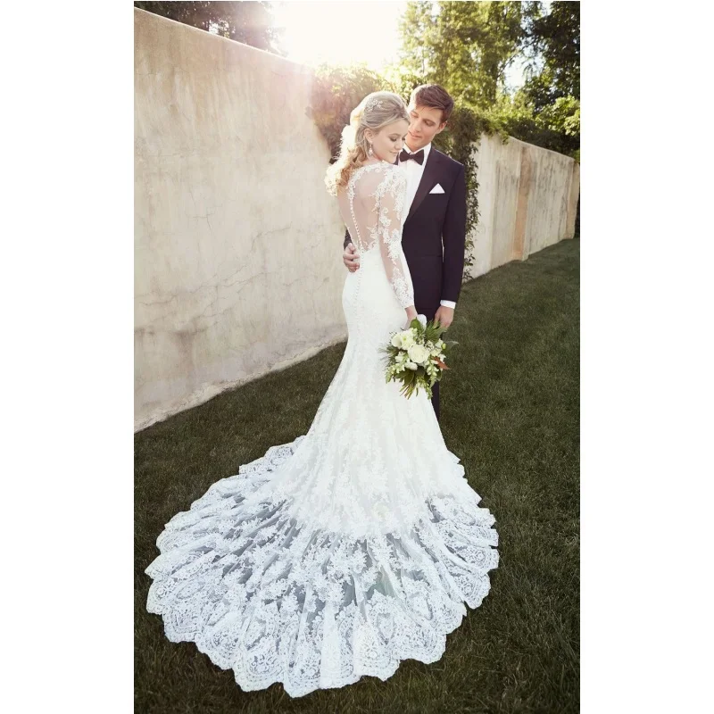 

Stunning Lace Mermaid sheer long sleeves court train bridal gown for garden vestidos de noiva 2018 mother of the bride dresses