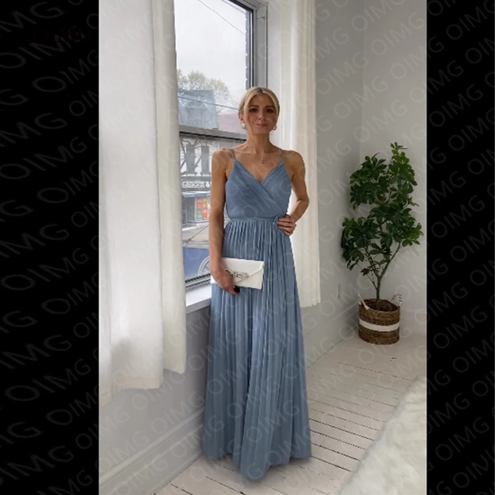 

OIMG Simple Chiffon Pleats Arabic Spagheeti Straps Sleeveless Evening Dresses Long A Line Pleats Formal Night Party Prom Gowns