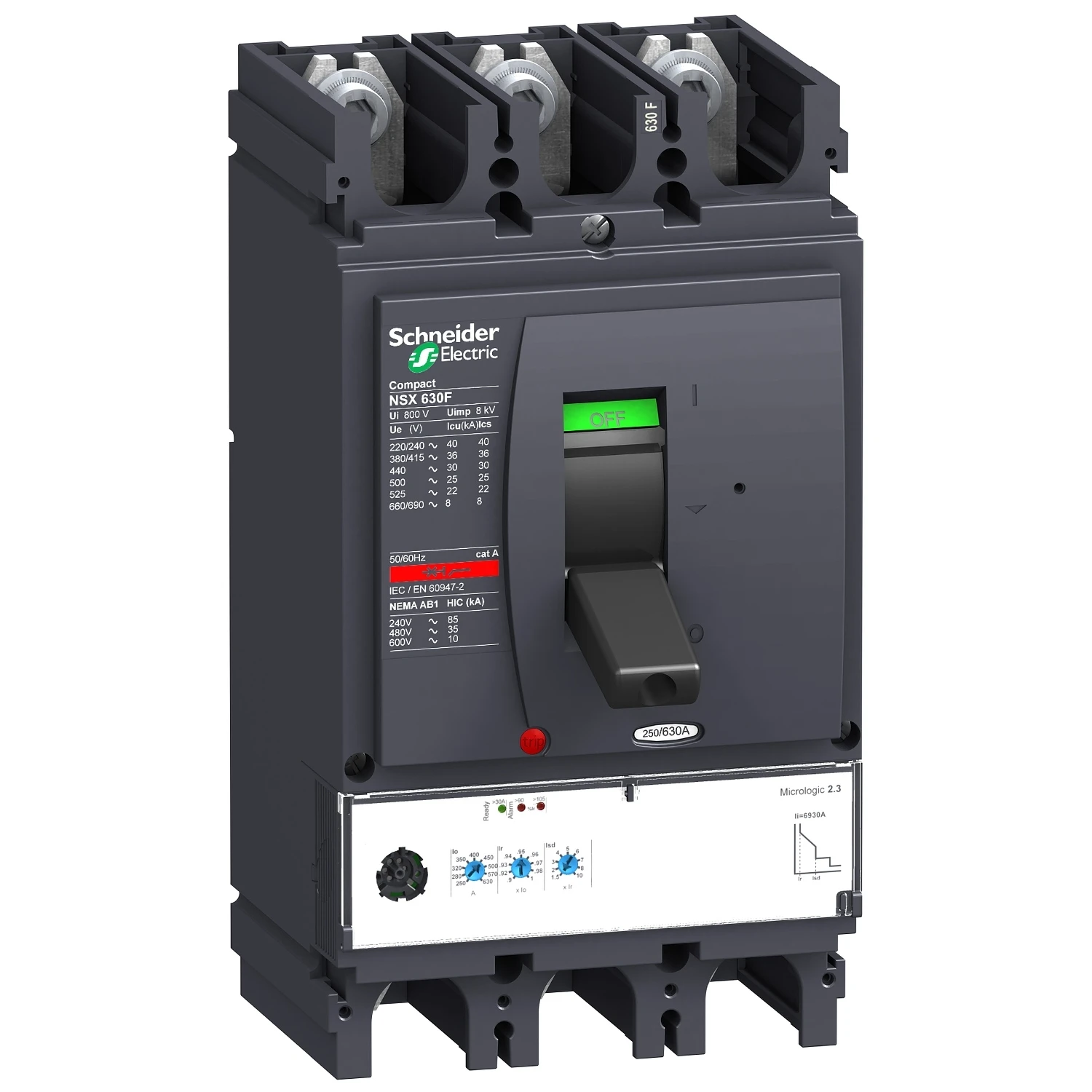 

LV432876 Circuit breaker Compact NSX630F 36 kA at 415 VAC, Micrologic 2.3 trip unit 630 A,3P3D