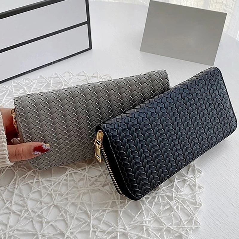 

Women Long Wallet PU Leather Zipper Solid Color Money Pocket Weave Multifunction Pouch Classic Coin Purse Card Holder Wallet