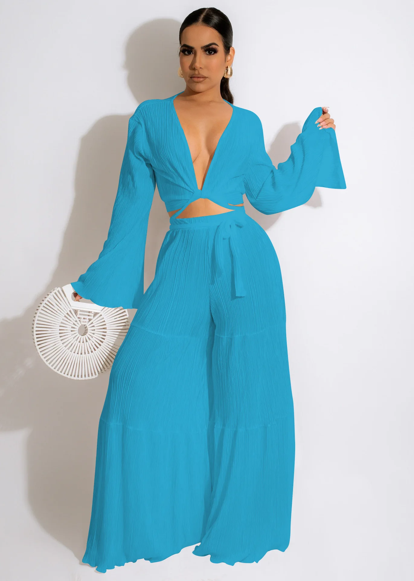 

Elegant Pleated Women's Tracksuit Long Sleeve Tie Up Shirt Ruffles Wide Leg Pants Suit Streetwear Two Piece Set Outfit