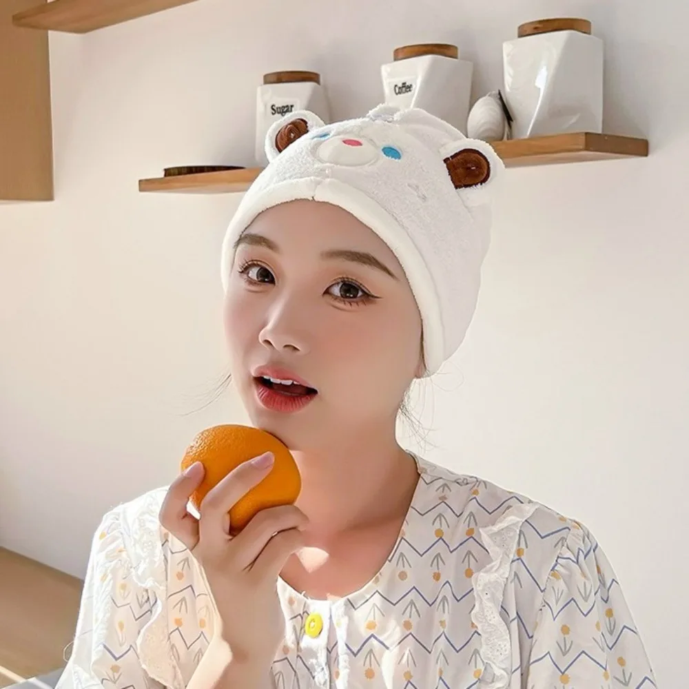Шапочка для сухого волос с милым медвежонком впитывающая быстрая коралловая