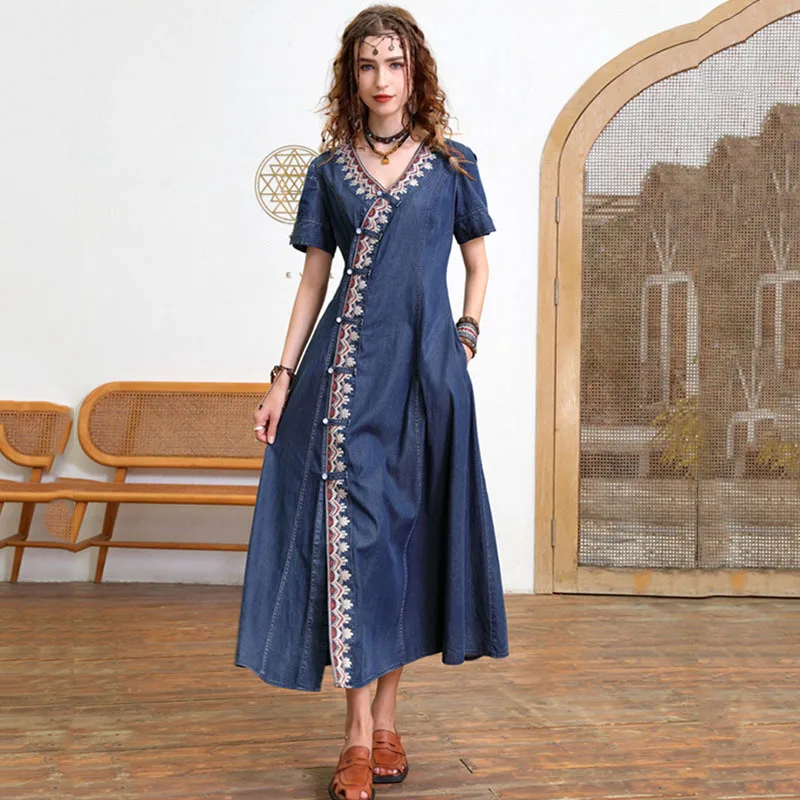 

SeeBeautiful Retro Embroidery A-line Denim Dress V-neck Short Sleeve Single Breasted Summer 2022 New Fashion Q326