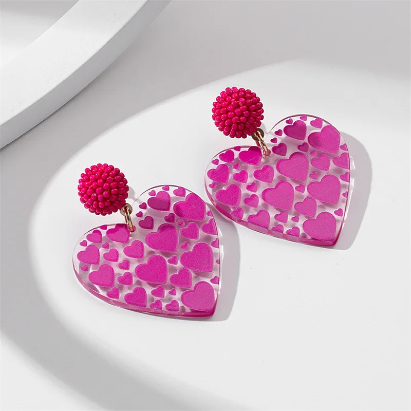 

New Women's Heart-shaped Printing Personality Sweet Romantic Earring Transparent Color Love Rice Bead Head Earrings Boho