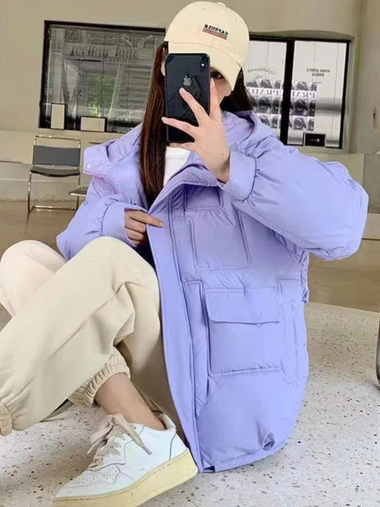 Women Winter Warm Oversize Cotton Jacket Loose Hooded Padded Solid Parkas Casual Elegant Zipper Clothes 2022