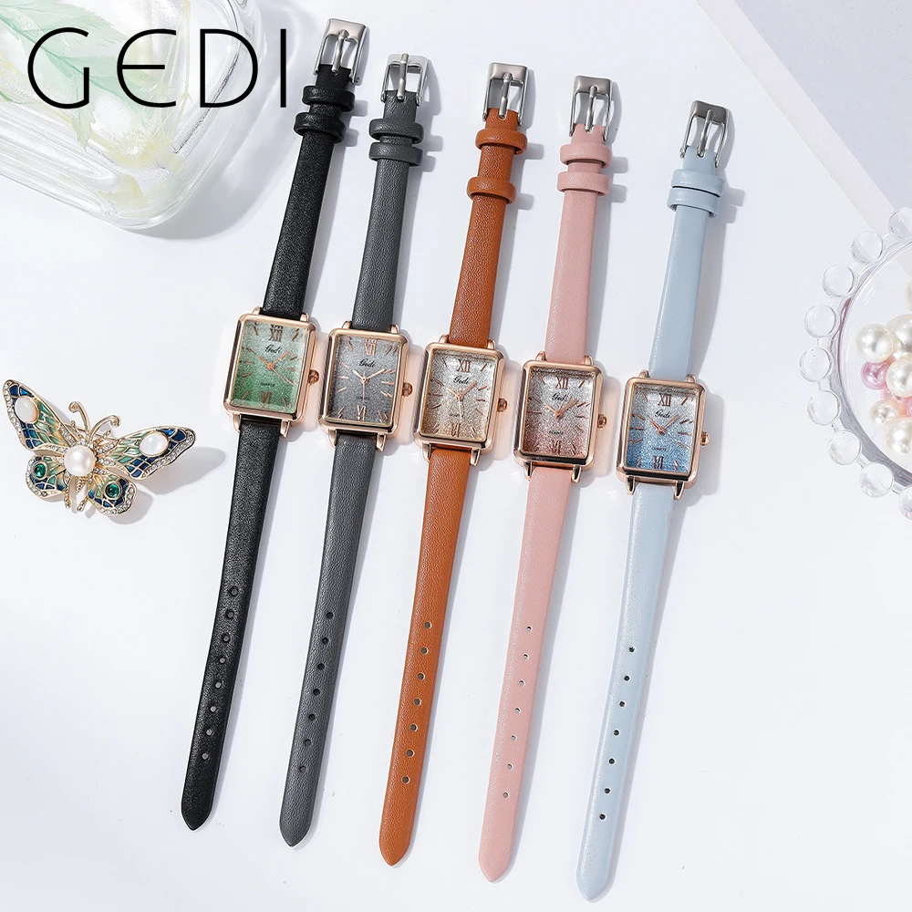 GEDI Fashion Pink Women Quartz Watches Top Brand Luxury Leather Strap Bling Desert Dial 3Bar Waterproof Woman Wrist Watch Clock