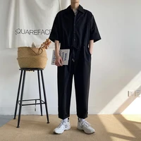 mens overalls jumpsuits summer fashion casual nine point cargo pants japanese retro male clothes couple loose solid color suit